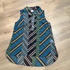 Cabi 3780 Sleeveless Ascot V-Neck‎ Collared Blouse Blue Green Size Xsmall XS